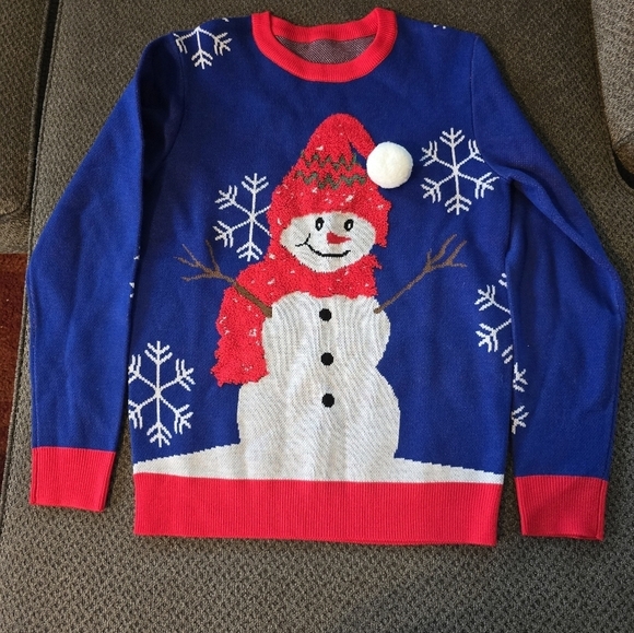 Christmas Ugly Sweater Women Small Blue Red Snowman Flakes Embellished Holiday - Picture 2 of 11